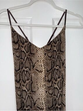 7DAY WKND Women's L Maxi Slip Dress Side Slit Ruching Brown Multi Snake Print